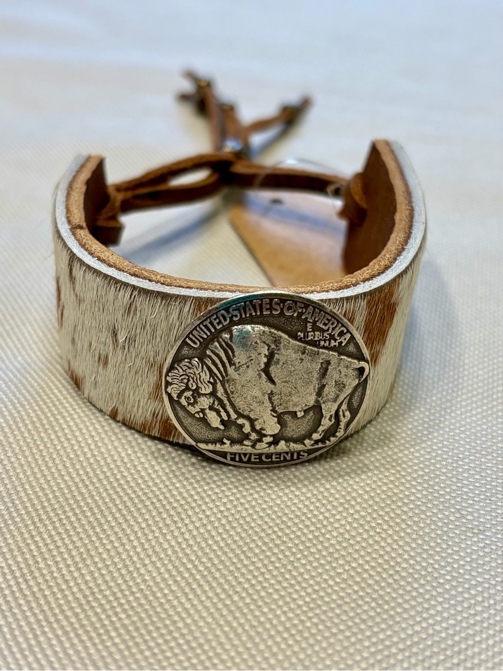 Handcrafted Cow Hair-on Hide Cuff Bracelet Silver Buffalo Coin Leather Strap